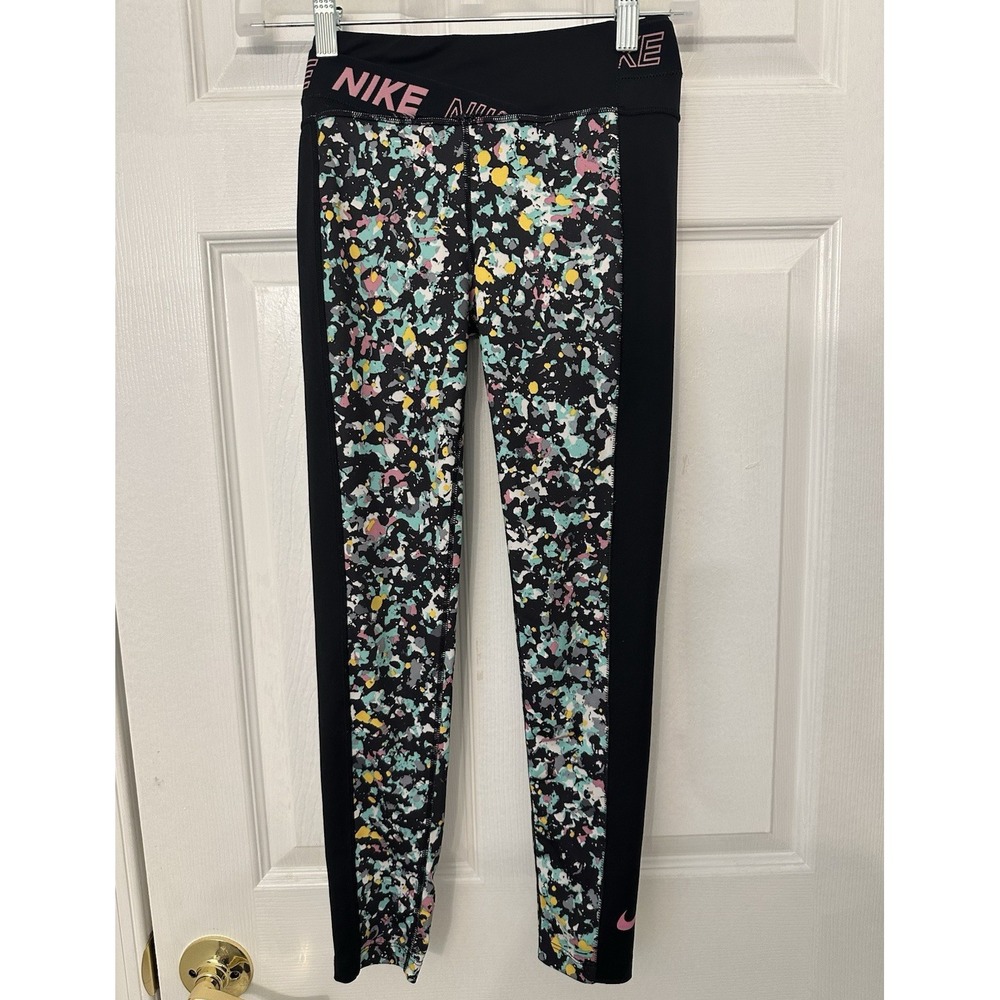 Nike Dri-FIT Paint Splatter Leggings girls Medium Black Pink Athletic Tights